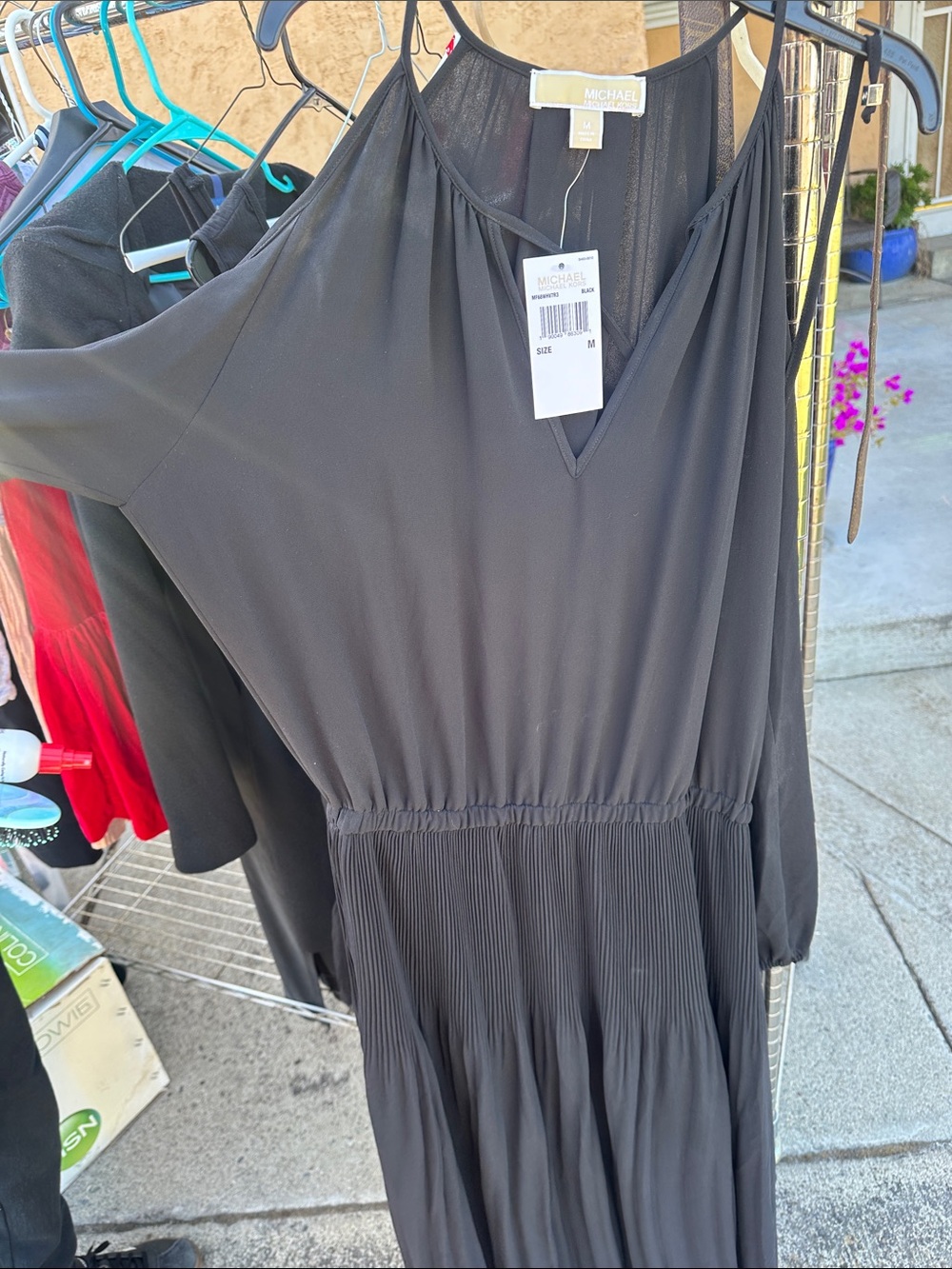 Michael Kors Black Cold-Shoulder Pleated Waist Maxi Dress